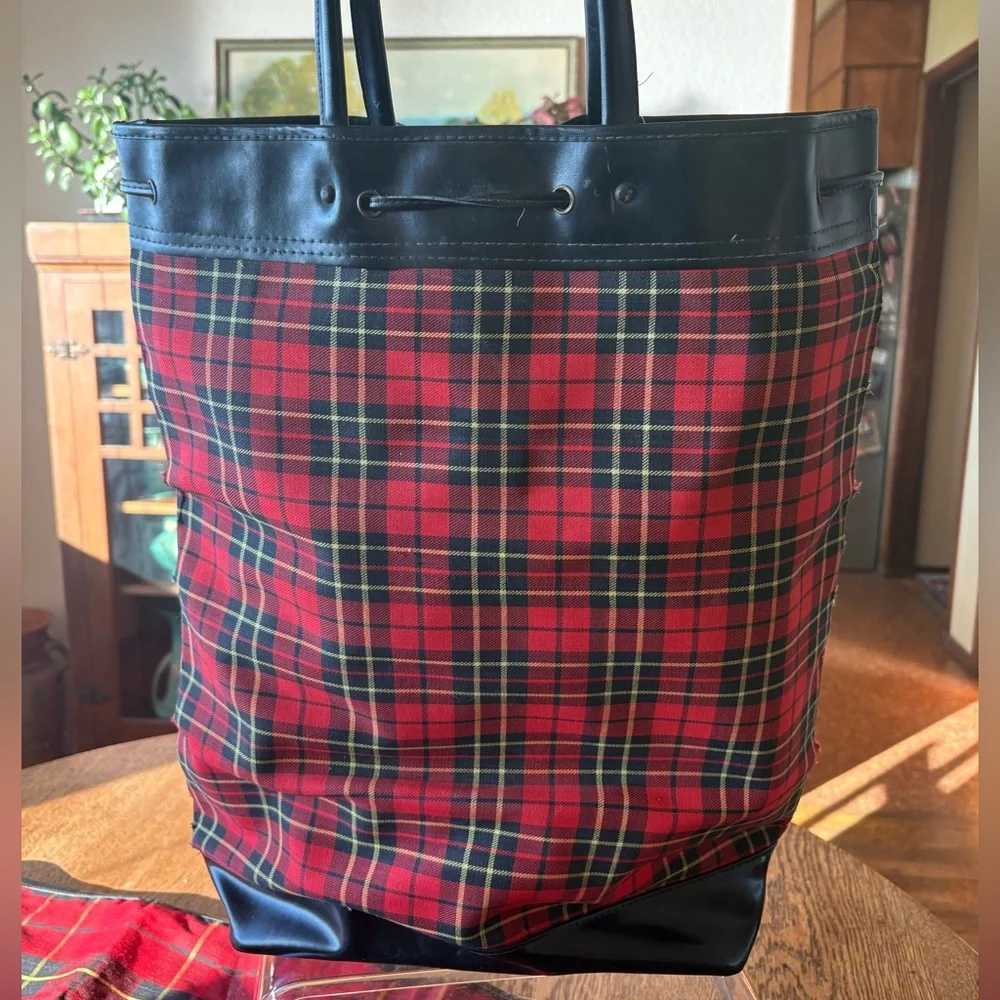 Vintage Luggage Tartan Red Plaid 3 Items. Hat Box/Zip Clothing Cover/Tall Tote